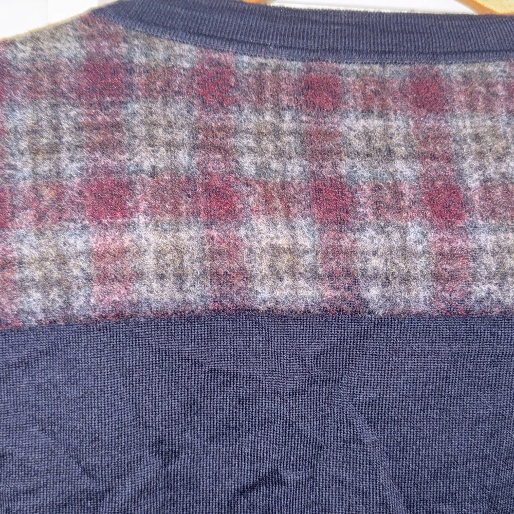 Faconnable Dark Navy Zip-Up Sweater with Plaid Shoulders - XL